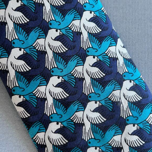 M.C. Escher Boxelder Company Classic Tie Blue Cream Bird Print 100% Silk VTG - Picture 1 of 7